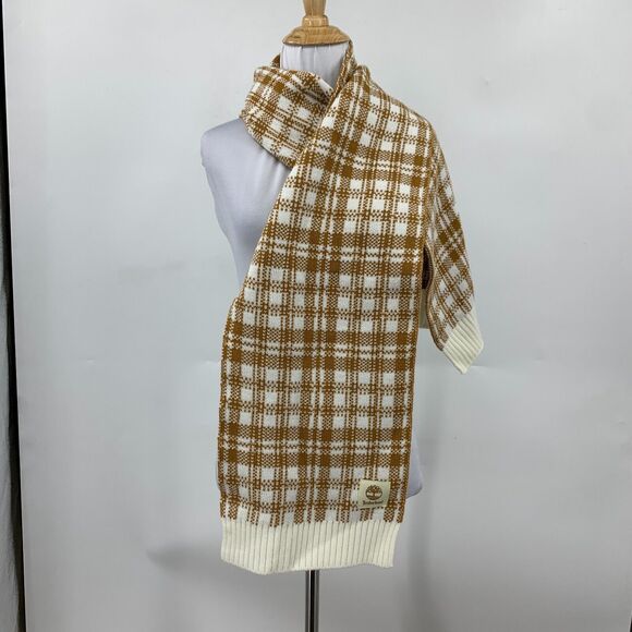 Timberland Knit Scarf Women 62X10 Spice Cream Buffalo Plaid Cozy Soft Rib Trim - Picture 2 of 16